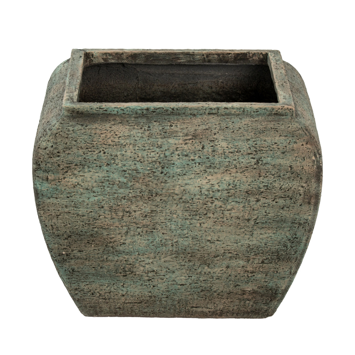 Single mottled planter viewed from the front and slightly above, showing its square opening, broad curved body and taper towards the base.