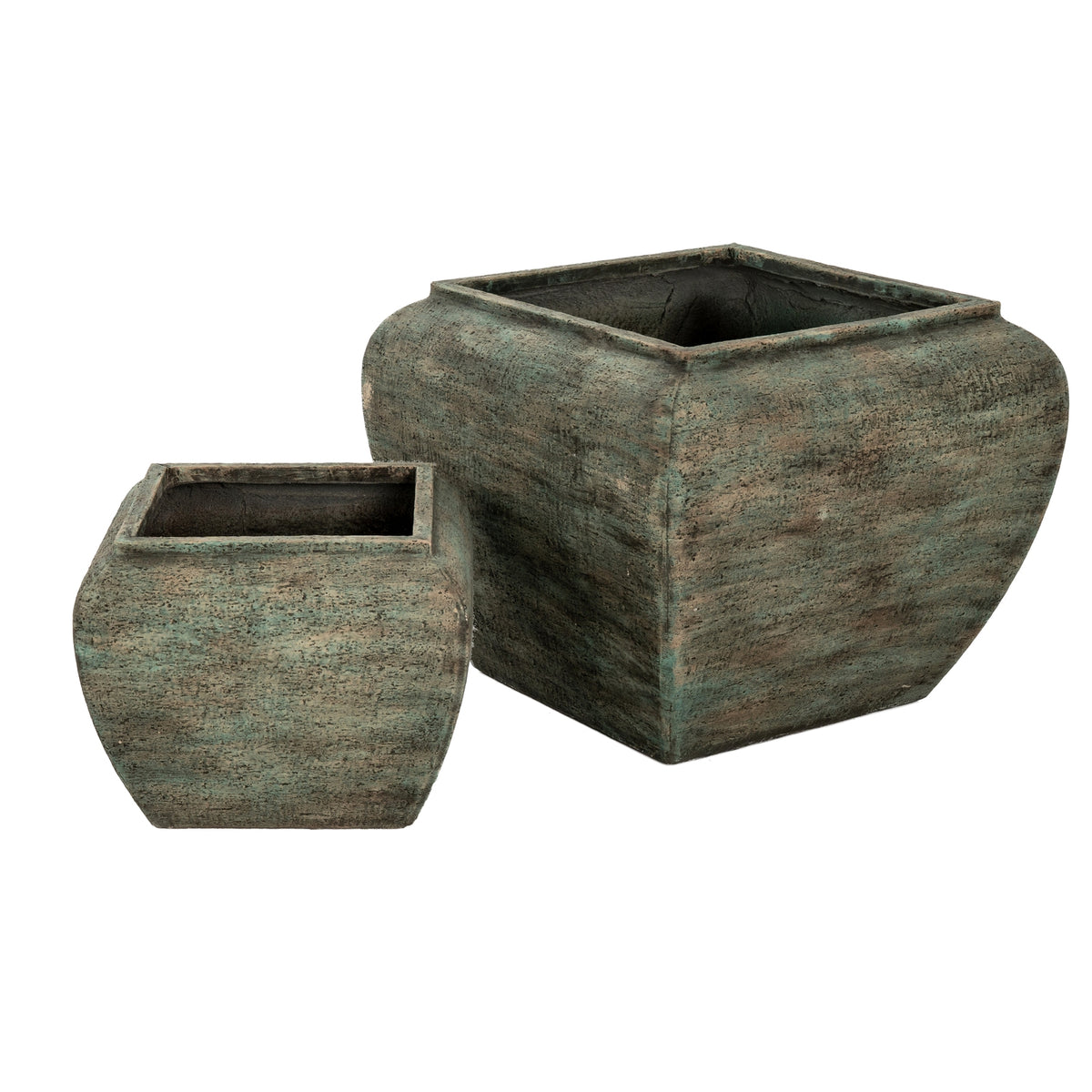 Two mottled planters in graduated sizes, with the smaller vessel in front of the larger one, showing square openings and rounded sides.