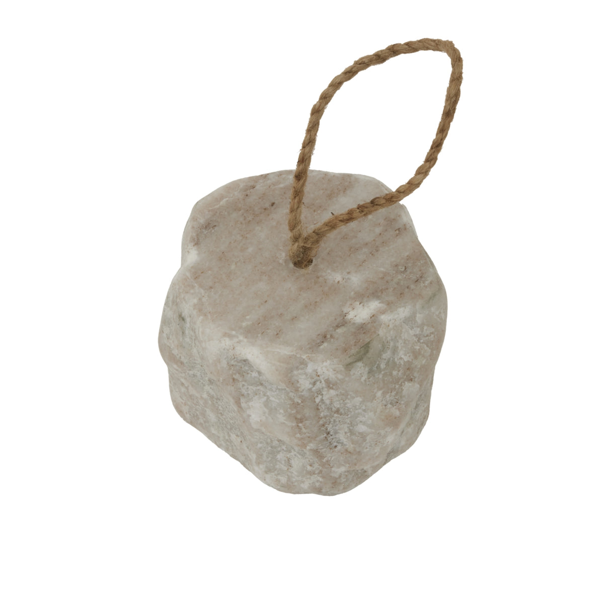 Close view from above of the doorstop, showing its irregular square top, beige and grey mottling and rope loop set into the centre.
