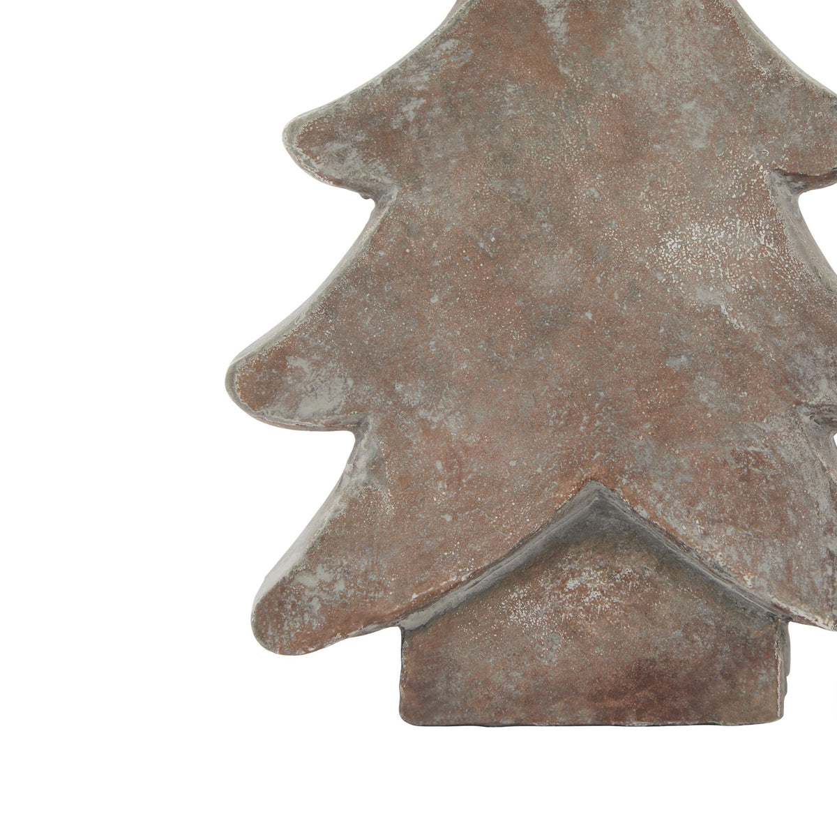 Close-up of the tree ornament's lower branches and squared trunk, showing grey-white speckles and pale branch edges.
