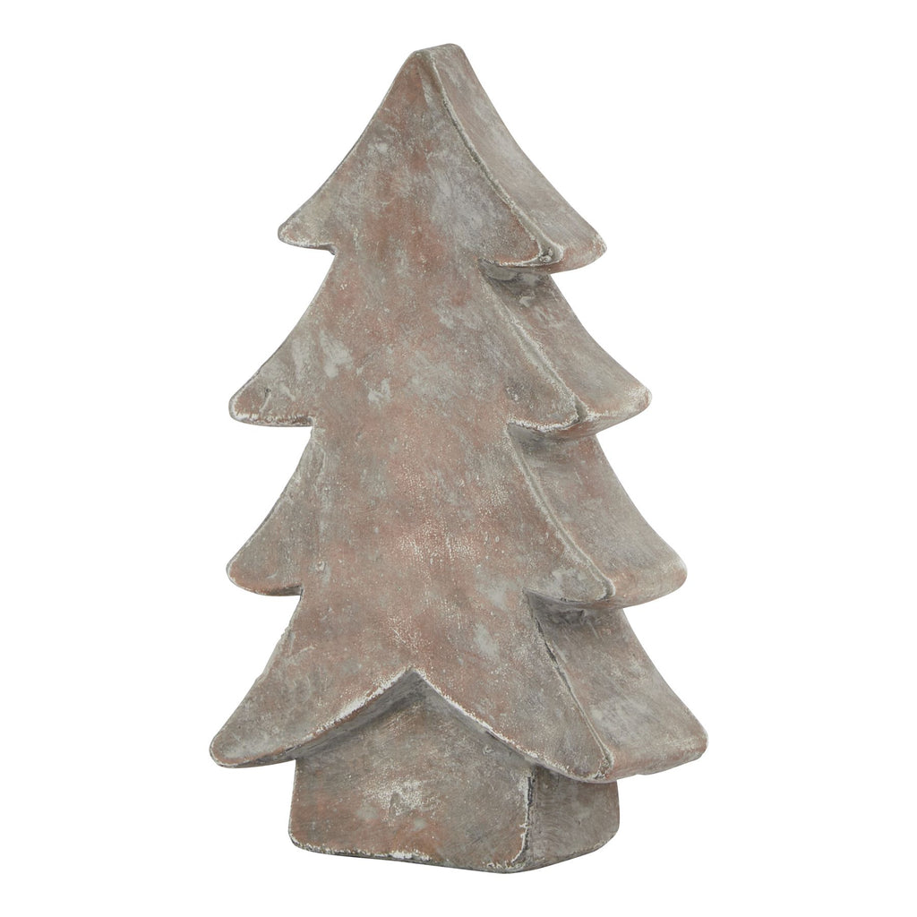 Standing tree ornament shown at an angle, with sweeping tiers, a short block-shaped trunk and a mottled brown-grey surface.