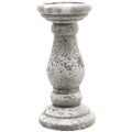 Full view of the mottled grey-beige candle holder, showing its broad rim, curved baluster body and stepped circular foot.