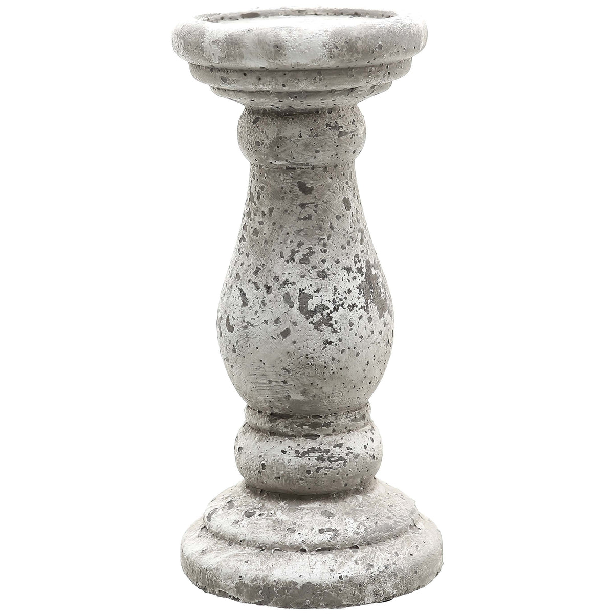 Full view of the mottled grey-beige candle holder, showing its broad rim, curved baluster body and stepped circular foot.