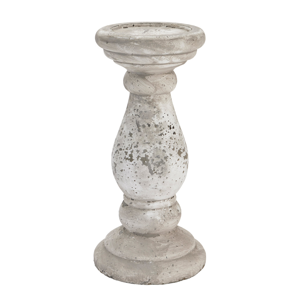 Full view of a grey-beige mottled candle holder with a broad circular top, elongated rounded body and stepped foot against white.