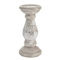 Full view of a grey-beige mottled candle holder with a broad circular top, elongated rounded body and stepped foot against white.