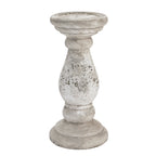 Full view of a grey-beige mottled candle holder with a broad circular top, elongated rounded body and stepped foot against white.