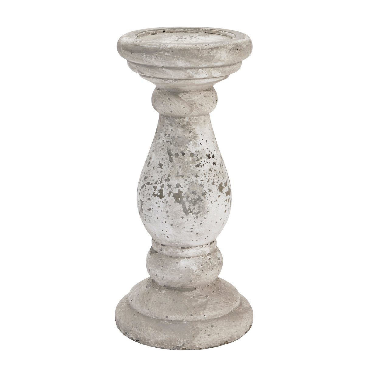 Full view of a grey-beige mottled candle holder with a broad circular top, elongated rounded body and stepped foot against white.