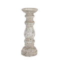 Full view of the stone-toned candle holder with a rounded central bulb, narrow waists and stepped circular base against white.