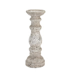 Full view of the stone-toned candle holder with a rounded central bulb, narrow waists and stepped circular base against white.