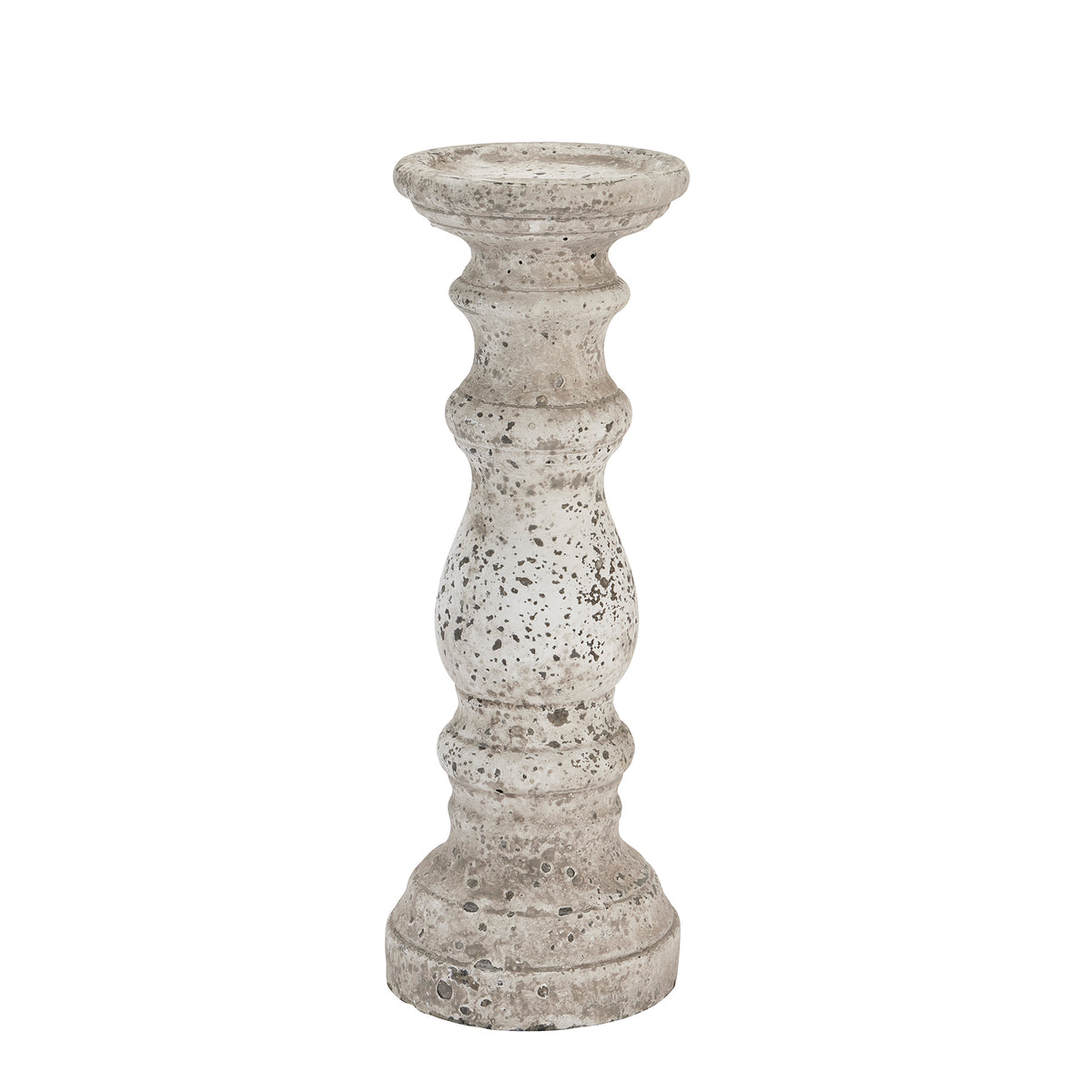 Full view of the stone-toned candle holder with a rounded central bulb, narrow waists and stepped circular base against white.