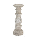 Full view of the pale mottled candle holder with rounded sections, narrow waists and a stepped circular foot against white.