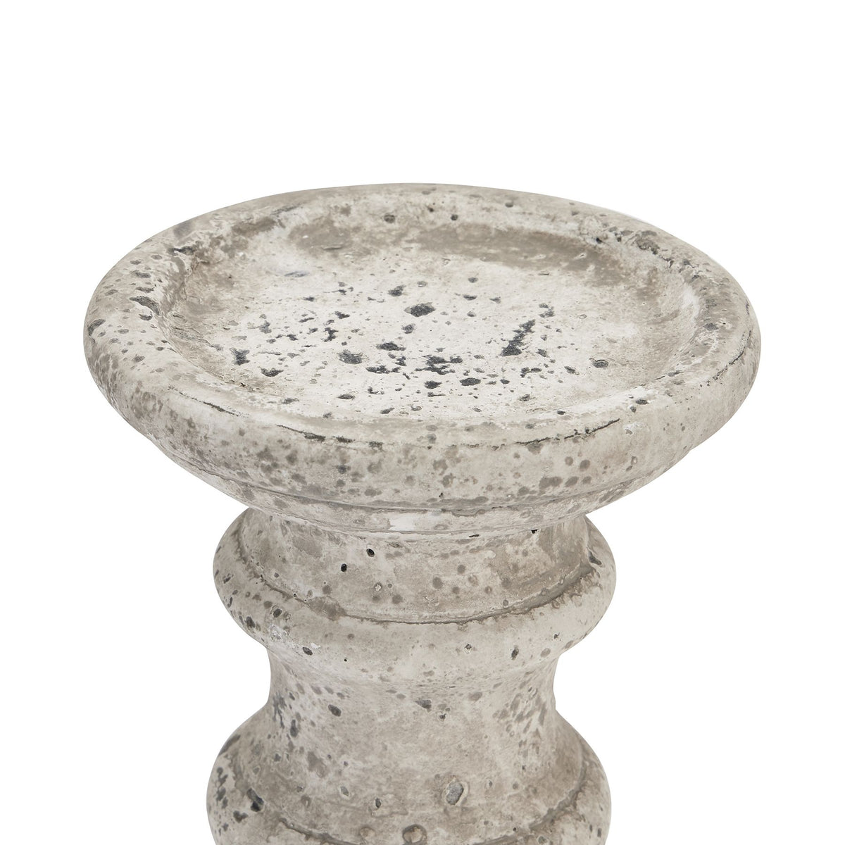 Close-up of the candle holder's broad shallow top recess, rounded rim and grey and charcoal markings.
