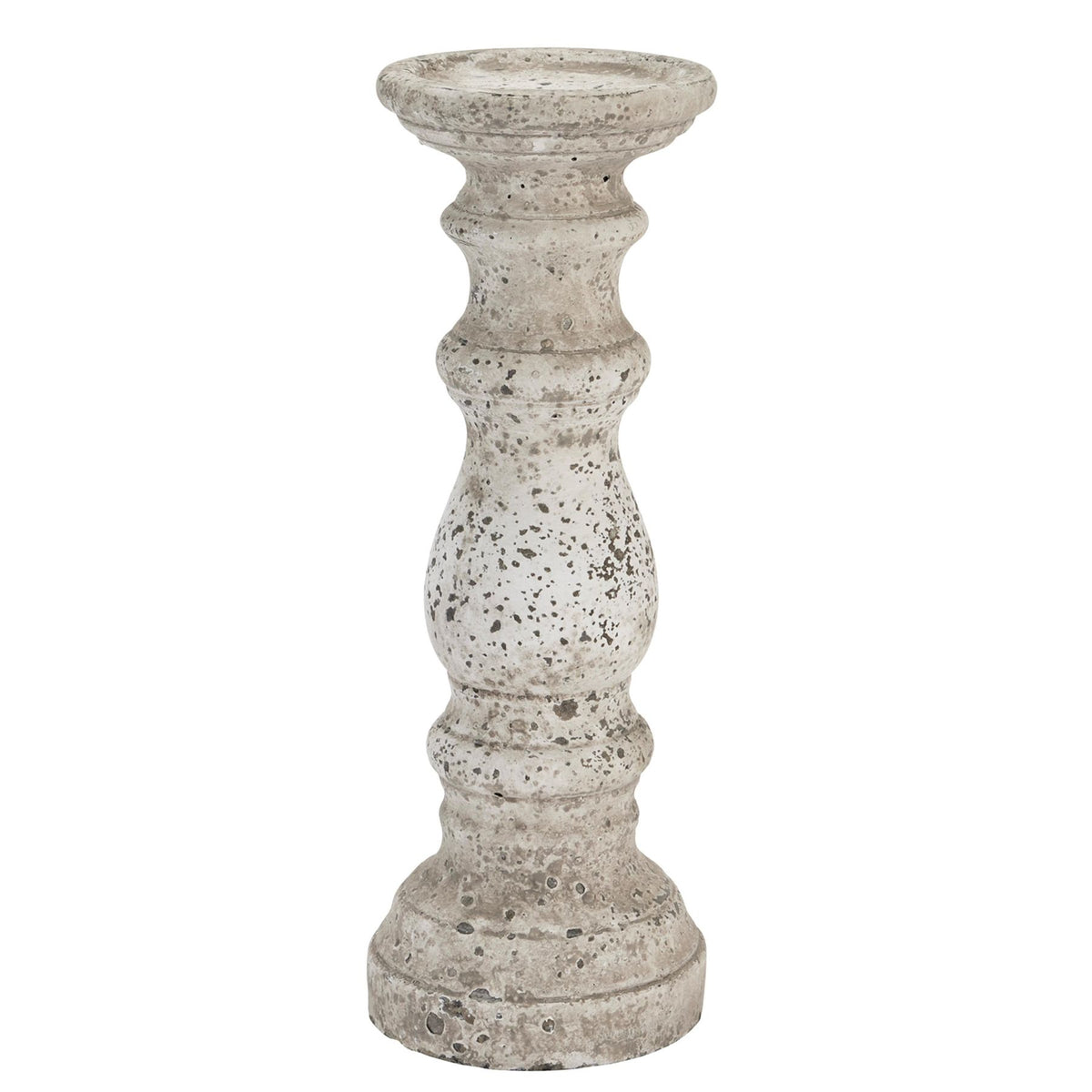Pale mottled candle holder with a shallow round top, bulbous central section and stepped circular foot against a white background.