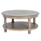 Round brown coffee table with a broad grained top, shaped rim, four turned-profile legs and a circular lower shelf on a white background.