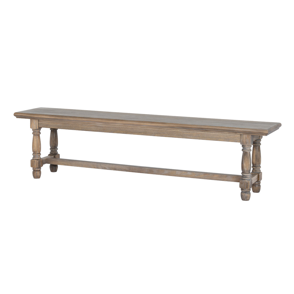 Brown backless dining bench with a long moulded-edge seat, four turned-profile legs and low connecting rails, viewed at an angle.