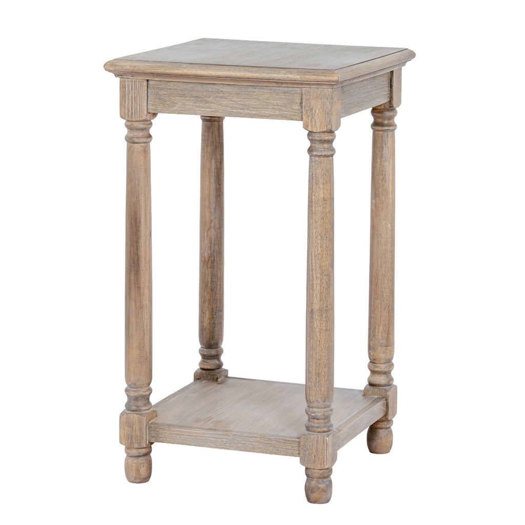 Brown square side table shown at an angle, with a moulded top edge, four slender turned-profile legs and a low shelf above rounded feet.