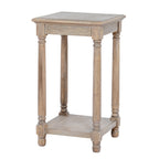 Brown square side table shown at an angle, with a moulded top edge, four slender turned-profile legs and a low shelf above rounded feet.