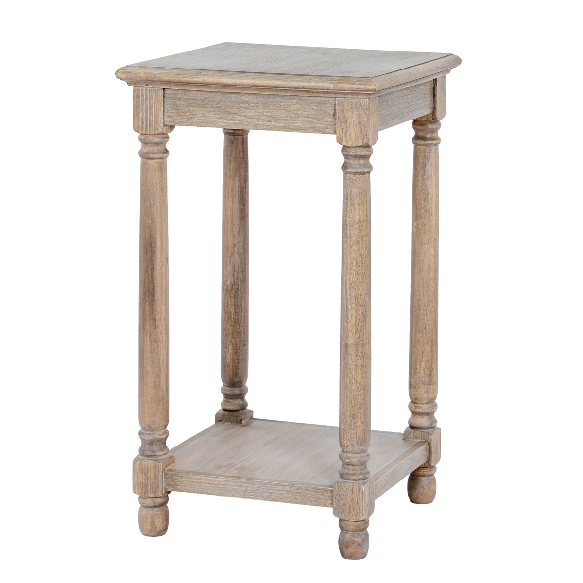 Brown square side table shown at an angle, with a moulded top edge, four slender turned-profile legs and a low shelf above rounded feet.