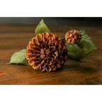 Close view of the densely layered mustard and rust flower head beside its smaller bud and green leaves, resting on a wooden surface.