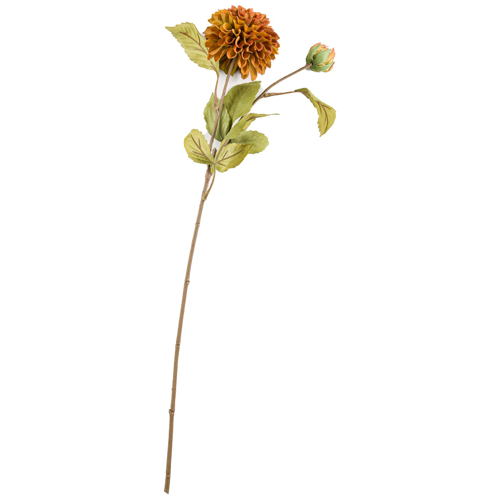 Full view of the artificial flower stem against white, with a long brown stalk, green leaves, rounded mustard and rust bloom and smaller bud.