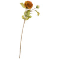 Full view of the artificial flower stem against white, with a long brown stalk, green leaves, rounded mustard and rust bloom and smaller bud.