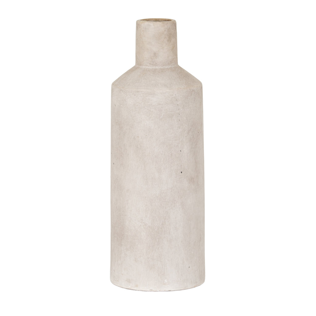 Full view of a pale mottled vase with an elongated cylindrical body, sloping shoulders and a narrow upright neck on a white background.
