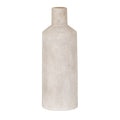 Full view of a pale mottled vase with an elongated cylindrical body, sloping shoulders and a narrow upright neck on a white background.