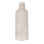 Full view of a pale mottled vase with an elongated cylindrical body, sloping shoulders and a narrow upright neck on a white background.