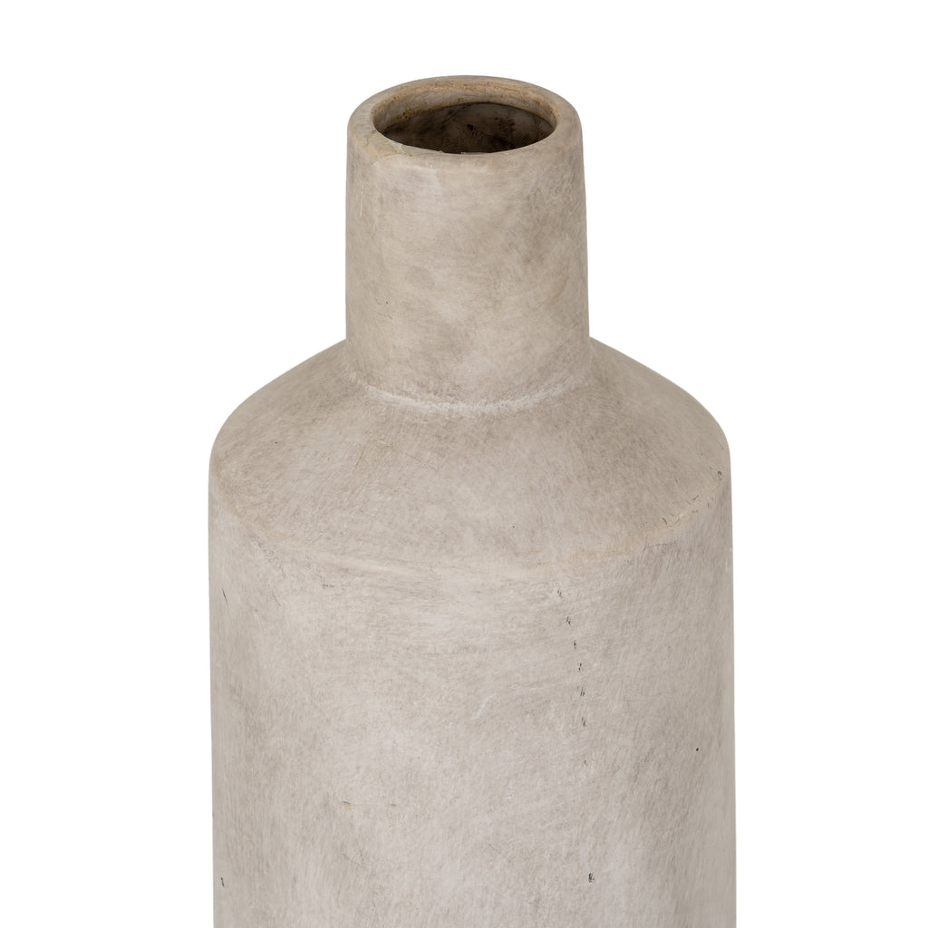 Angled close-up of the vase neck showing the circular opening, thick rim and darker interior above the sloping shoulders.