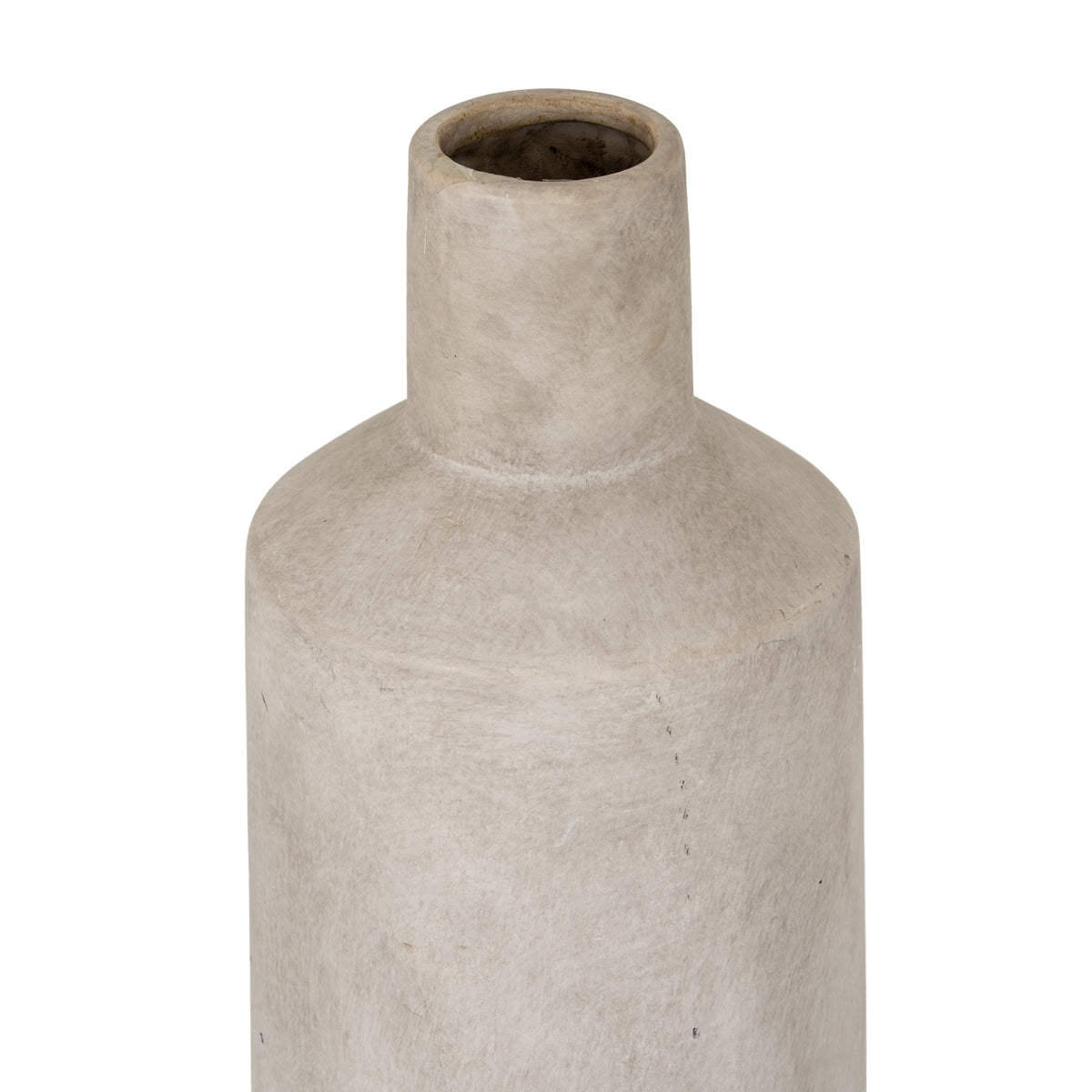 Angled close-up of the vase neck showing the circular opening, thick rim and darker interior above the sloping shoulders.
