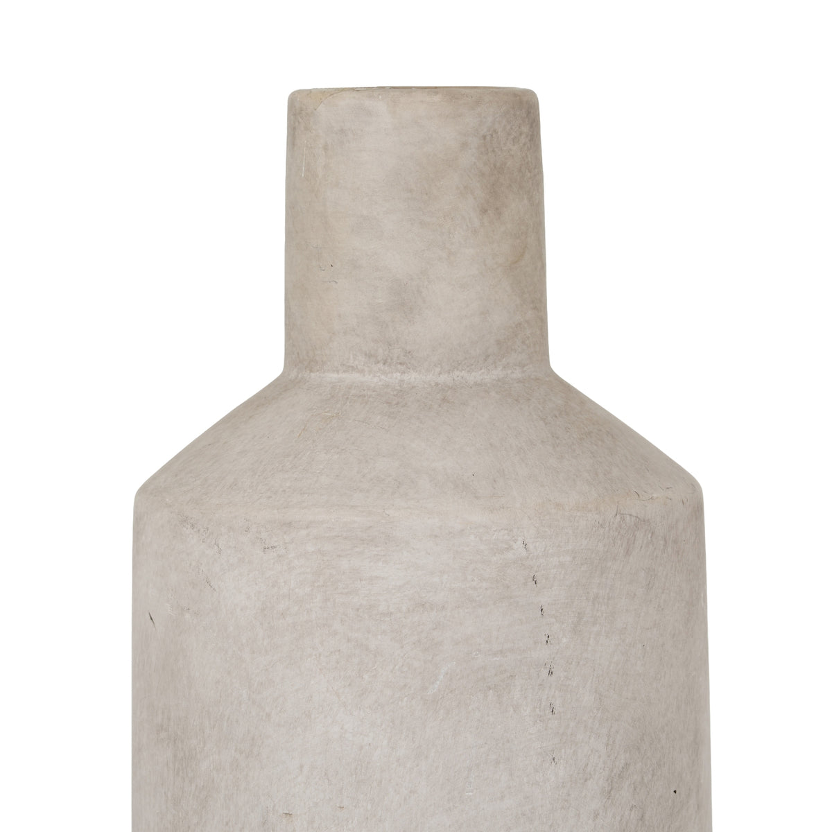 Close-up of the vase neck and shoulders showing pale beige-grey mottling, scattered dark flecks and fine irregular surface lines.