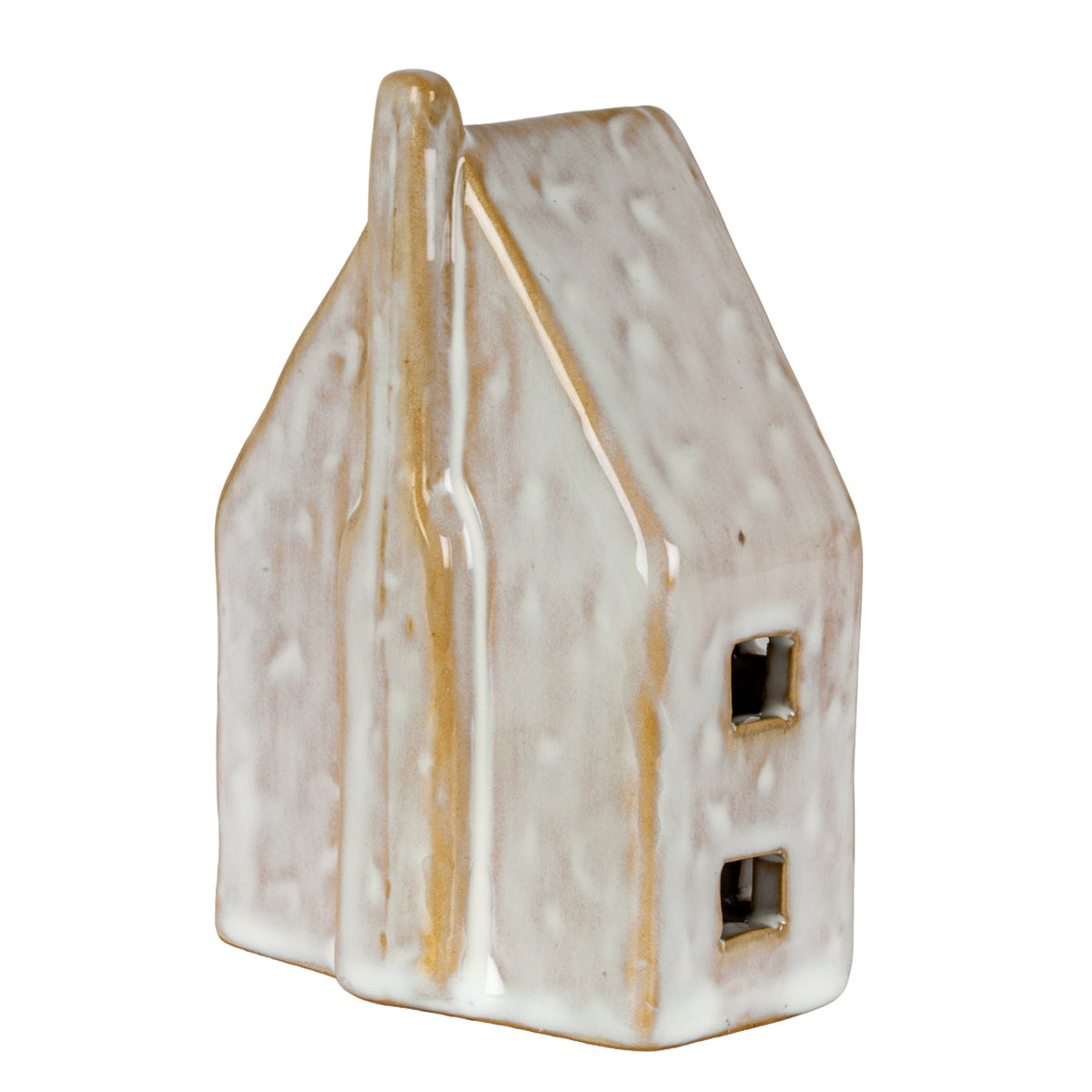 Rear angled view of the house decoration, showing the chimney extending down the plain gable wall and two open windows on the side.
