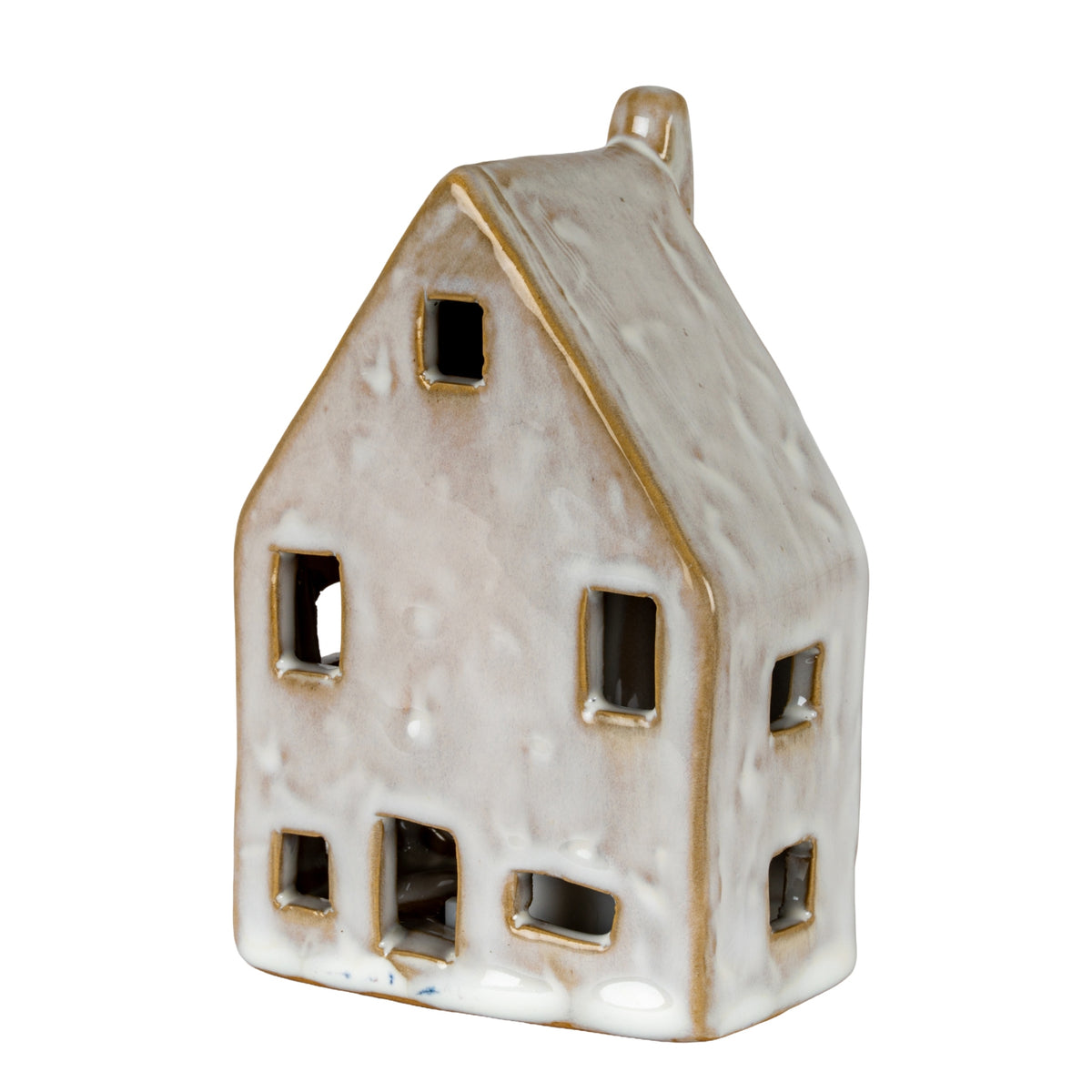 Tall off-white house decoration viewed from the front and right side, with a steep roof, chimney and open door and windows.