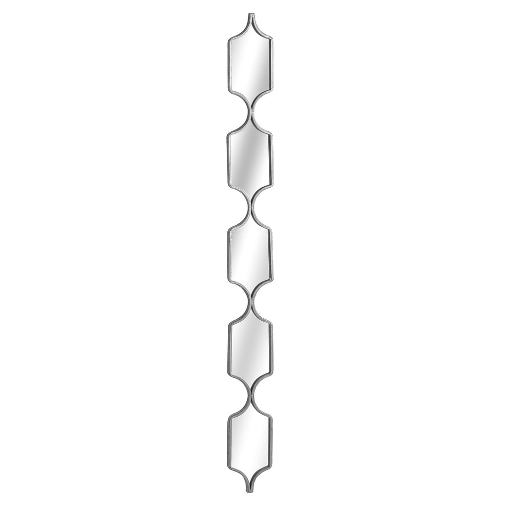 Full view of a tall, narrow wall mirror with five linked reflective panels and a silver-toned outline on a white background.