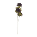 Full artificial chrysanthemum stem on a white background, with three dark purple flower heads, olive-green leaves and slender branching stems.