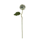 Artificial flower stem on a white background, with a rounded pale green-blue flower head and a broad green leaf extending to the left.