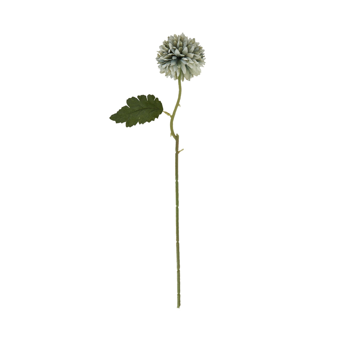 Artificial flower stem on a white background, with a rounded pale green-blue flower head and a broad green leaf extending to the left.