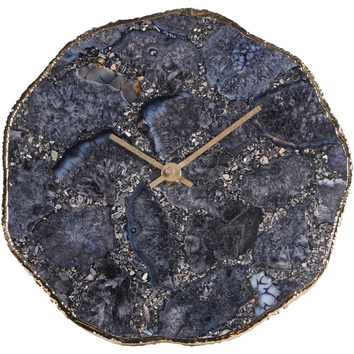 Front view of the mantel clock showing its dark patterned agate face, plain hands and uneven gold-coloured border.