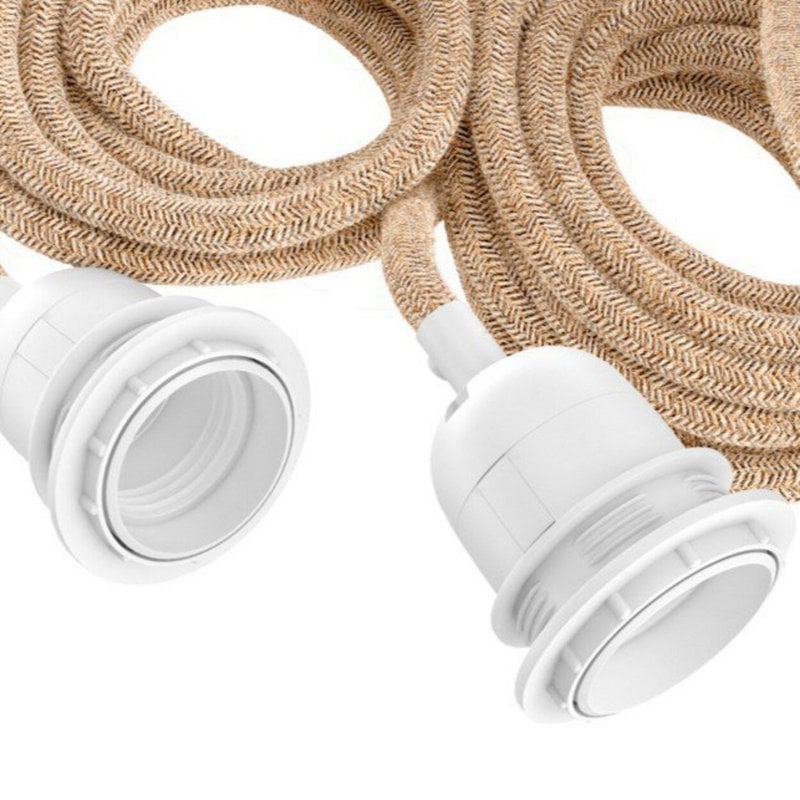 Natural-White Ceiling Lamp Fitting – Three-Light — white sockets and natural cables close-up