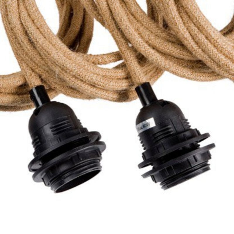 Natural-Wrapped Ceiling Lamp Fitting – Black, Five-Light — black sockets and natural cables close-up