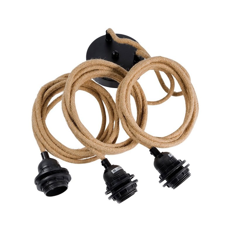 Natural-Wrapped Ceiling Lamp Fitting – Black, Three-Light — three-drop natural and black fitting set