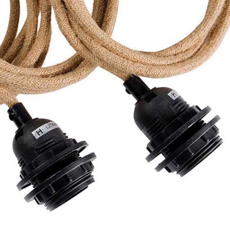 Natural-Wrapped Ceiling Lamp Fitting – Black, Three-Light — black sockets and natural cables close-up
