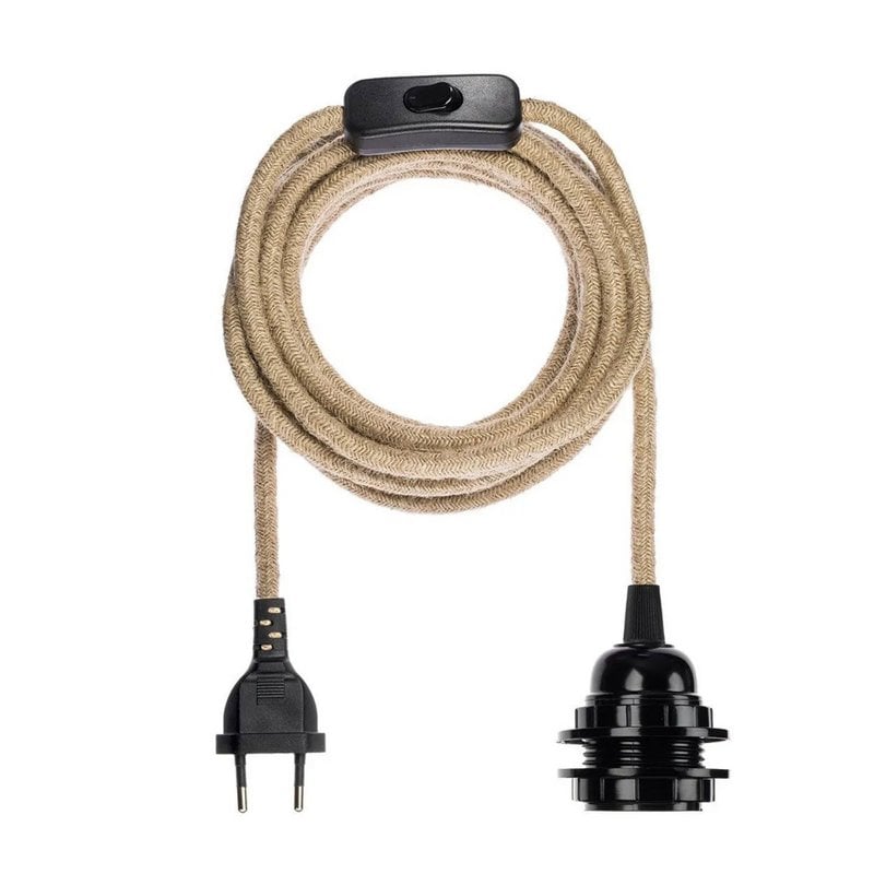 Natural-Wrapped Plug-In Lamp Fitting – Black, 4.5 m — coiled natural-wrapped plug-in cable and black socket