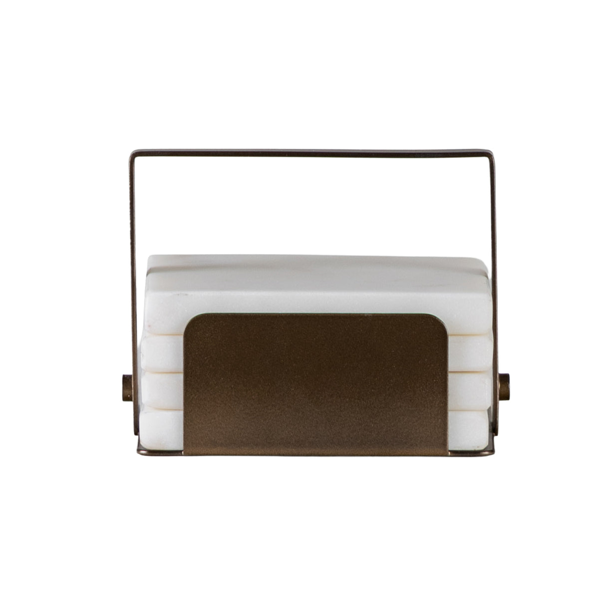 Front view of four white square coasters with rounded corners stacked in a dark gold holder with a rectangular open frame and broad front panel.