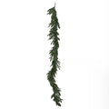 Green artificial garland hanging vertically against white, with a loop at the top and needle branches projecting along its length.