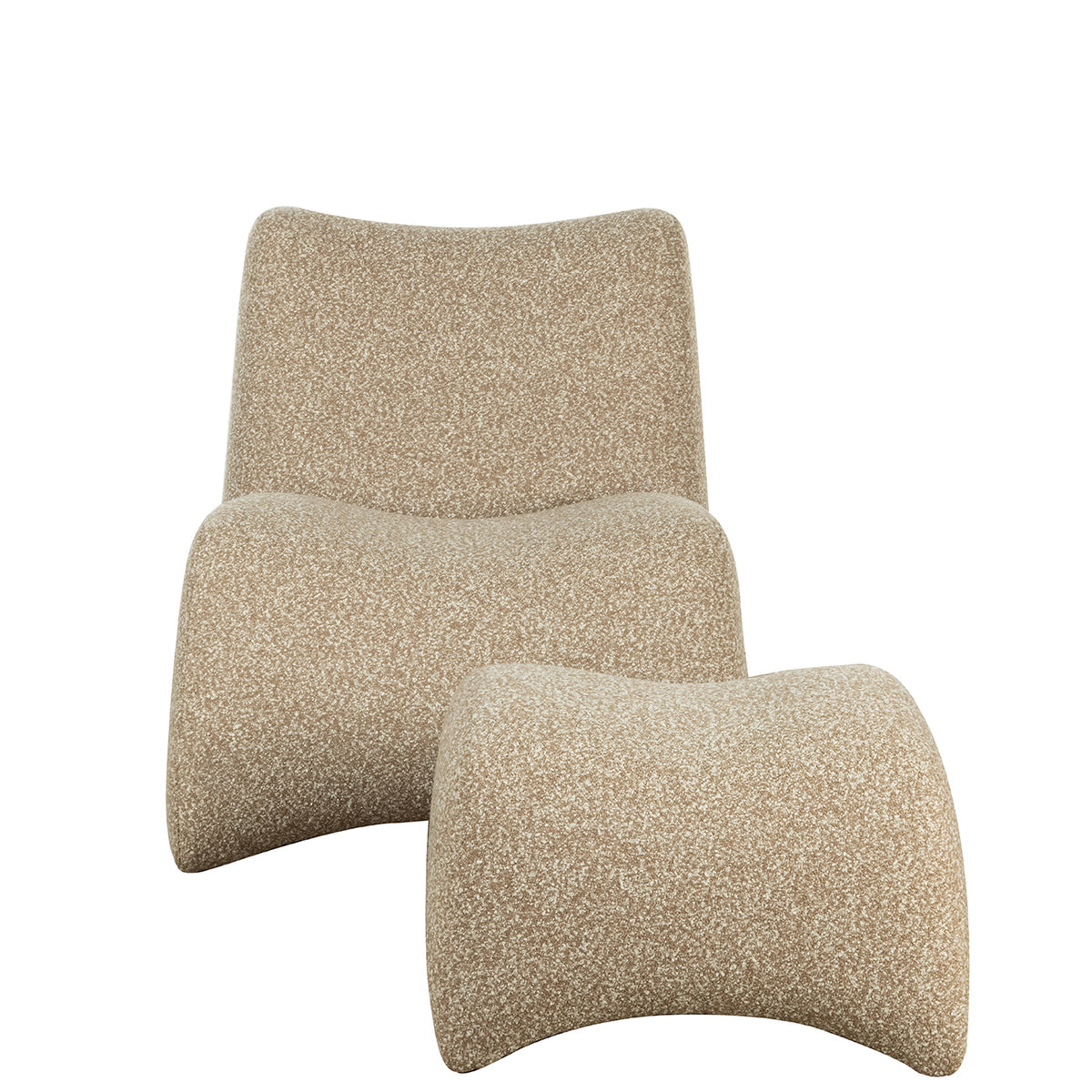 Front view of the armless beige lounge chair with the matching footstool in front, showing their gently dipped contours.