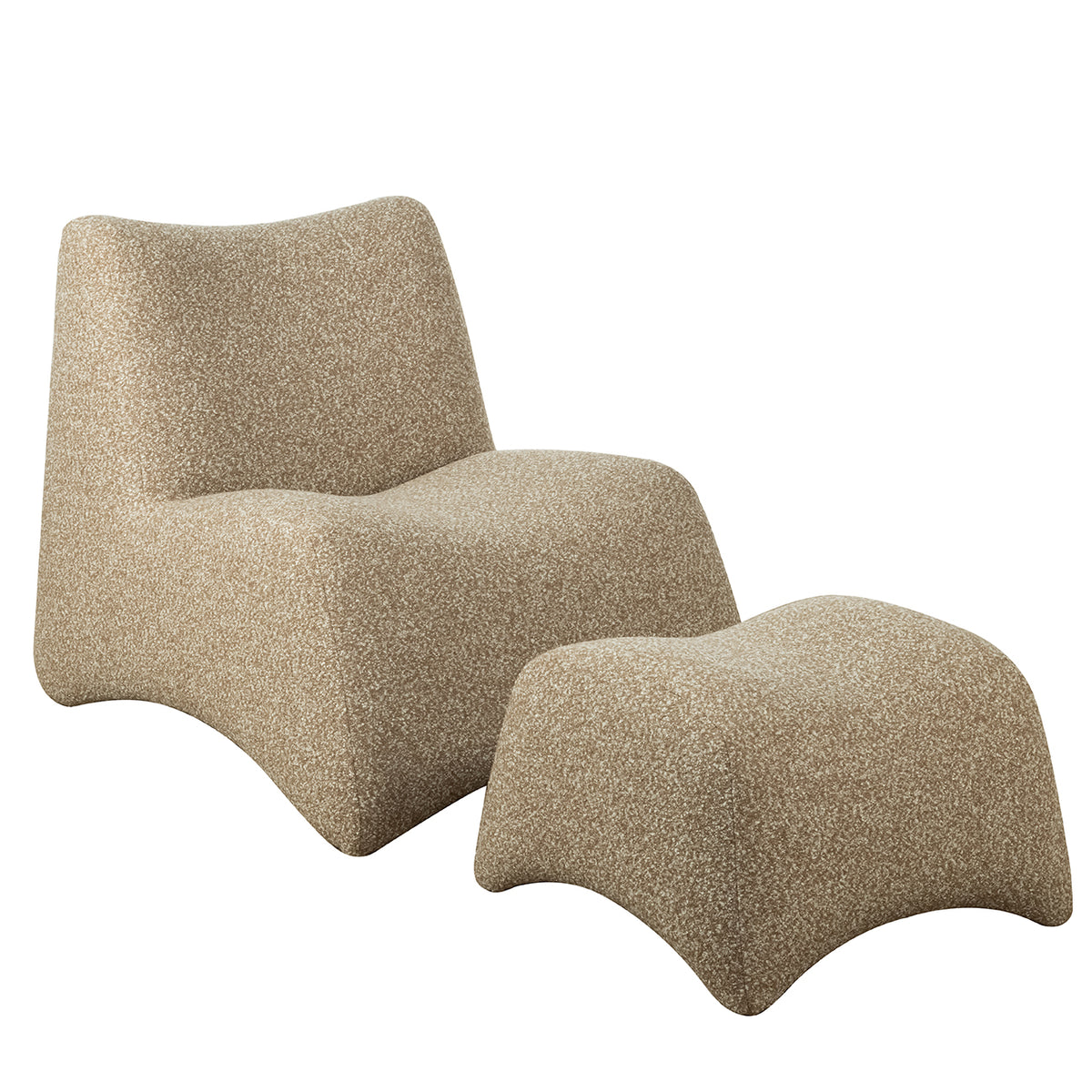 Three-quarter view of the beige textured lounge chair with its matching curved footstool set forward to the right.