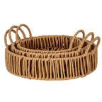 Three graduated round trays nested flat together, with vertical-loop rims and raised handles on either side against a white background.