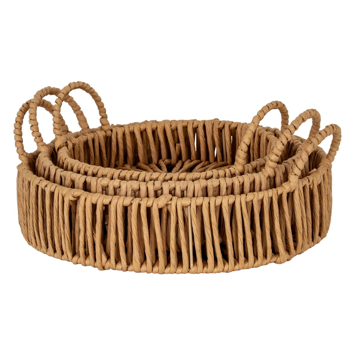 Three graduated round trays nested flat together, with vertical-loop rims and raised handles on either side against a white background.