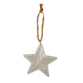 Glossy off-white five-point star ornament with fine dark speckles and nested raised ridges, hanging from a coarse tan loop against a white background.